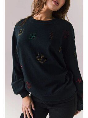 Chaser Allover Icons Long Sleeve Graphic Print Black Top Size M NWT